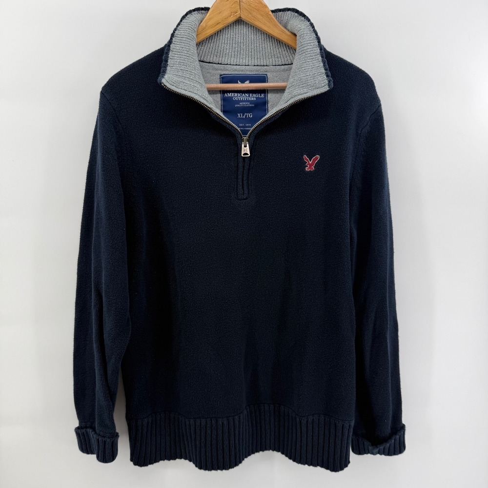American Eagle Outfitters Mens XL Navy Blue Quarter Zip Cotton Sweater Pullover